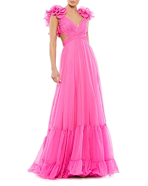 Shop Mac Duggal Rosette Chiffon Gown In Hot Pink