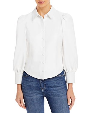 Alice And Olivia Nadine Puff Sleeve Faux Leather Blouse In Off White