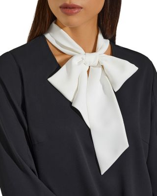 Contrast Tie V-Neck Crepe de Chine Blouse