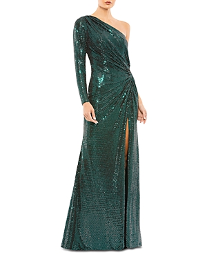 Shop Mac Duggal One Shoulder Sequined Gown In Bottle Green