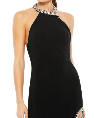 High Slit Halter Gown with Rhinestone Accents