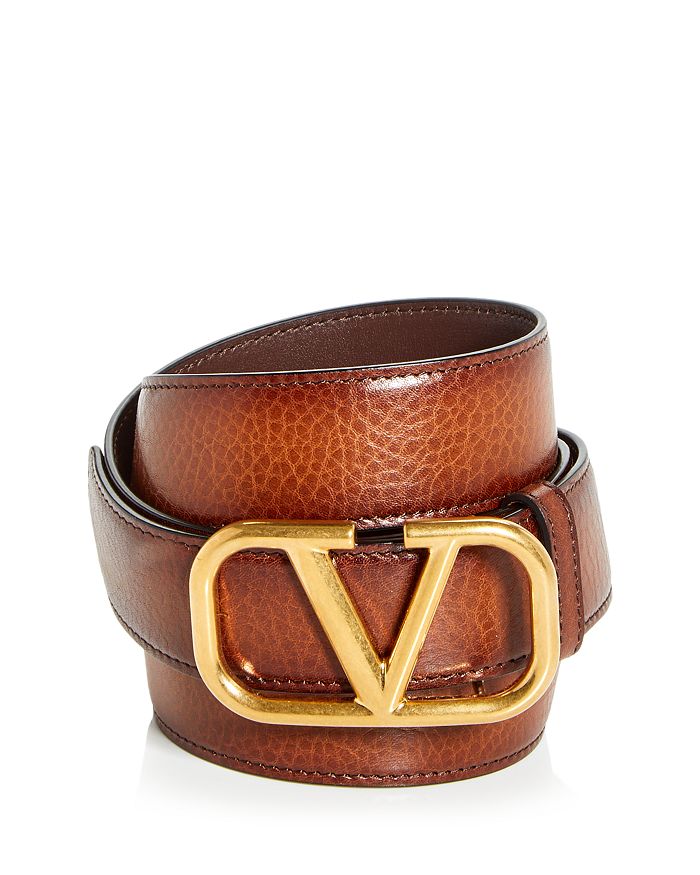 V Logo Leather Trimmed Belt in Brown - Valentino Garavani