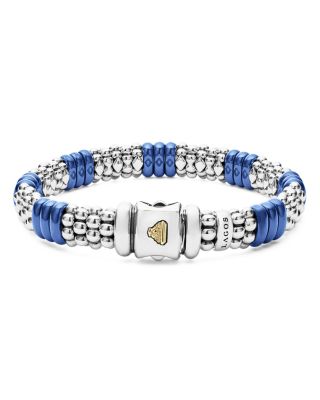 18K Yellow Gold & Sterling Silver Ultramarine Ceramic Rondelle & Caviar Bead Statement Bracelet