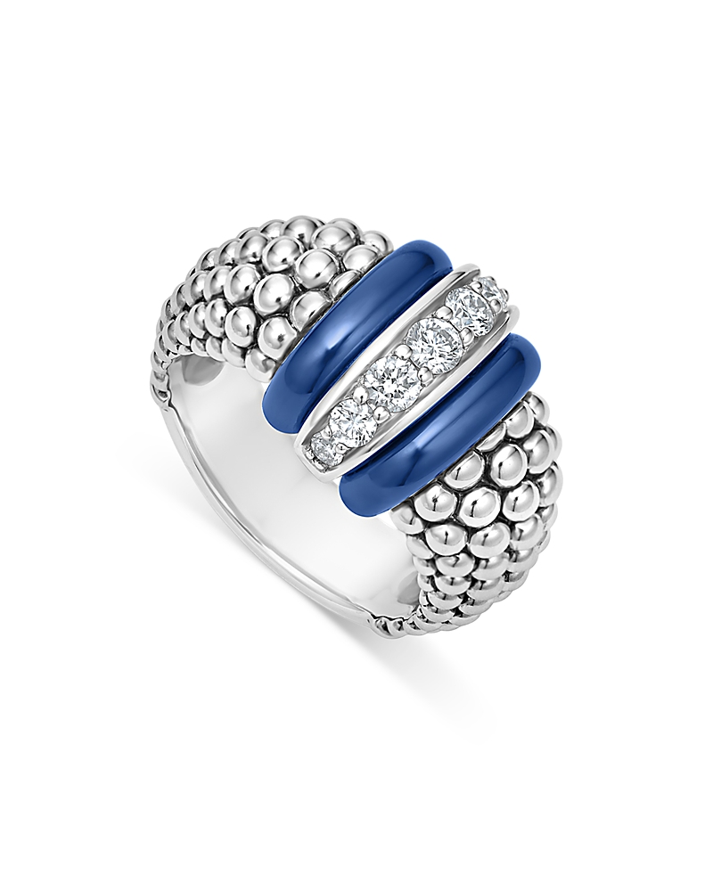 Lagos Sterling Silver Blue Caviar Ultramarine Ceramic Diamond Large 1-link Ring In Blue/silver