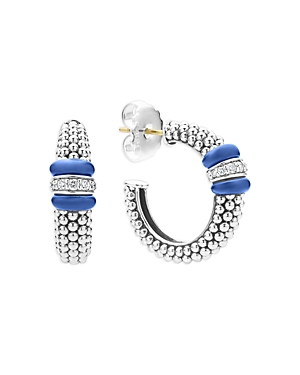 Shop Lagos 14k Yellow Gold & Sterling Silver Ultramarine Ceramic & Diamond Caviar Bead Hoop Earrings In Blue/silver