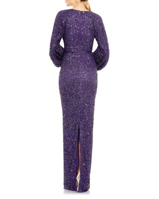 Sequined Puff Sleeve V Neck Gown