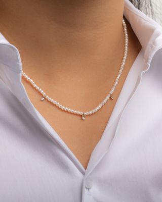 14K Yellow Gold Cultured Freshwater Pearl & Diamond Collar Necklace, 14-16"