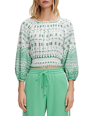 Maje Lolipana Geometric-embroidered Cotton Top In Ecru Green