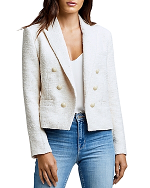 Shop L Agence L'agence Brooke Double Breasted Cropped Tweed Blazer In Ecru