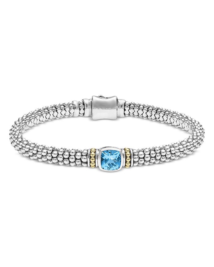 LAGOS - 18K Yellow Gold & Sterling Silver Caviar Color Blue Topaz Solitaire Link Bracelets
