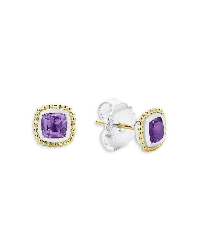 LAGOS - 18K Yellow Gold & Sterling Silver Caviar Color Amethyst Stud Earrings