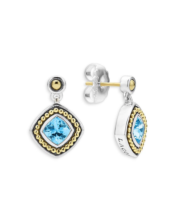 LAGOS - 18K Yellow Gold & Sterling Silver Caviar Color Blue Topaz Drop Earrings