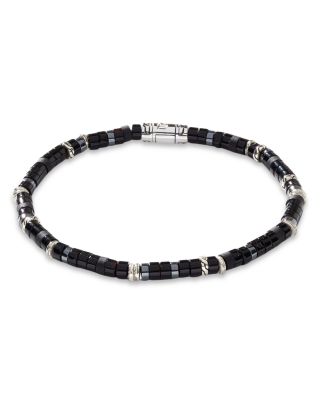 Men&#39;s Sterling Silver Classic Chain Onyx &amp; Hematite Bead Heishi Bracelet