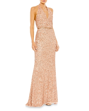 Mac Duggal Metallic Sequined Open Back Gown In Apricot