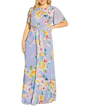 Adrianna Papell Plus Floral Flutter Sleeve Gown In Peri Multi