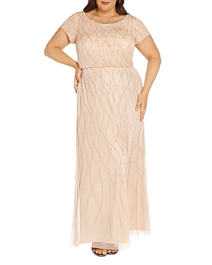 Adrianna Papell Plus Beaded Gown In Champagne Sand