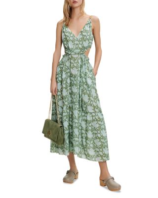 green emerald velvet dress Maje Midi Dress Rayelle Green Floral Print Crepe Size 2 – Celebrity Owned