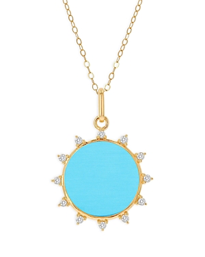 14K Yellow Gold Diamond Turquoise Sun Burst Pendant Necklace, 20