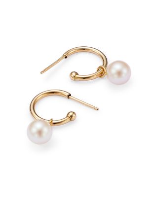 Cultured Freshwater Pearl Huggie Hoop Earrings in 14K Yellow Gold, 6mm 