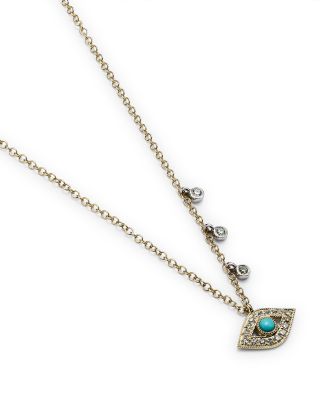 14K Yellow Gold & 14K White Gold Diamond & Turquoise Evil Eye Adjustable Pendant Necklace, 18"