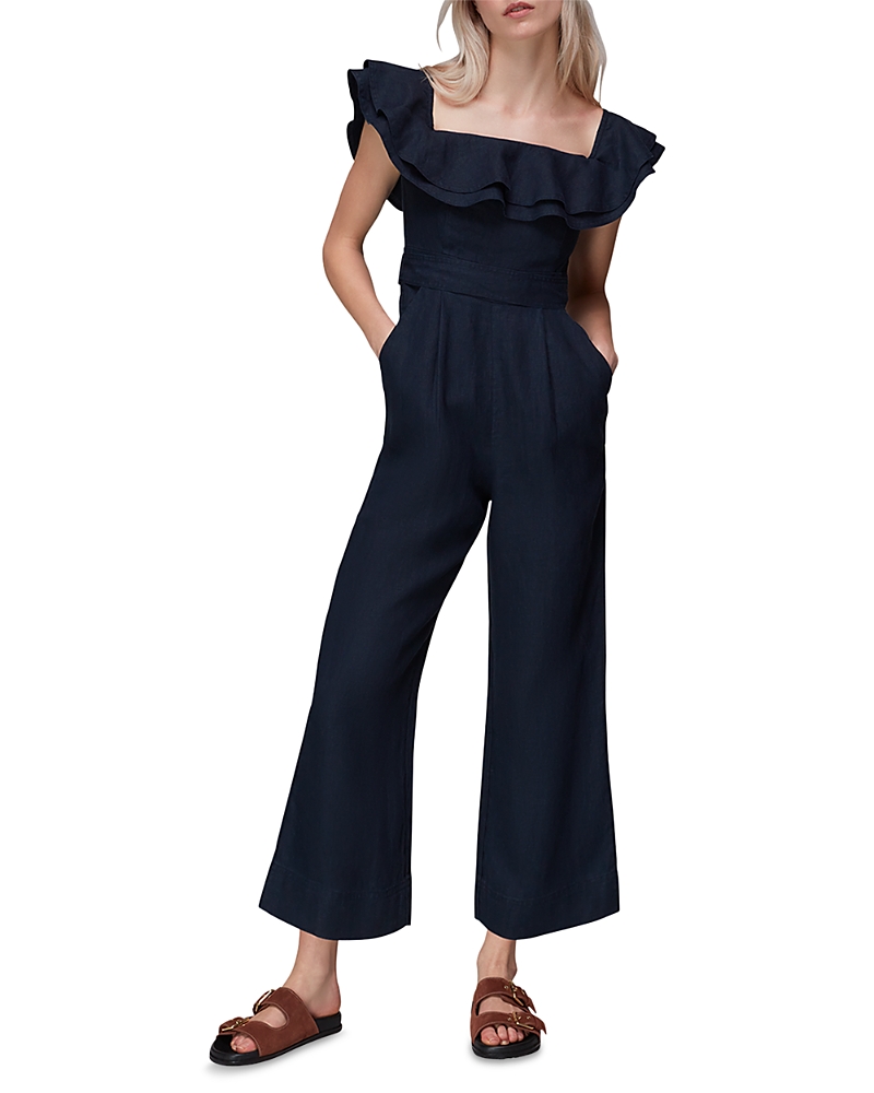 Whistles Tabi Linen Bardot Jumpsuit In Navy