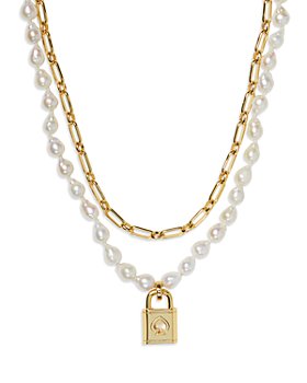 kate spade new york - Lock And Spade Padlock Charm Paperclip Link & Freshwater Pearl Layered Pendant Necklace in Gold Tone, 17"-20"