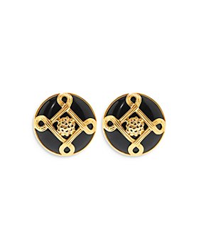Capucine De Wulf - Monique Black Circle Decorated Stud Earrings in 18K Gold Plate