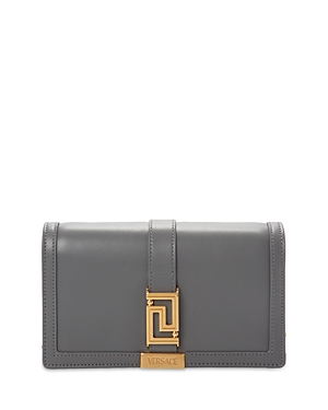 Versace Greca Goddess Leather Chain Wallet In Charcoal/gold