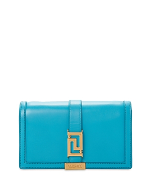 Versace Greca Goddess Leather Wallet On Chain In Teal/gold