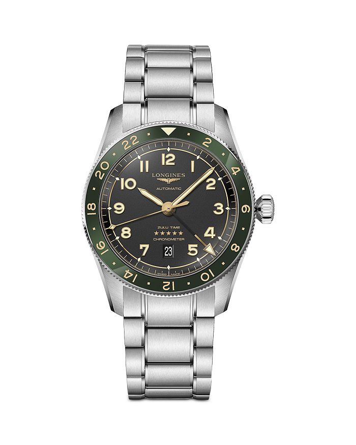 Shop Longines Spirit Zulu Time Gmt Chronometer Watch, 42mm In Anthracite/green/silver