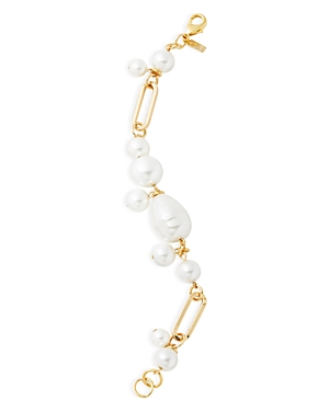 Shop Kenneth Jay Lane Imitation Pearl Cluster Link Bracelet In Gold Tone In White/gold