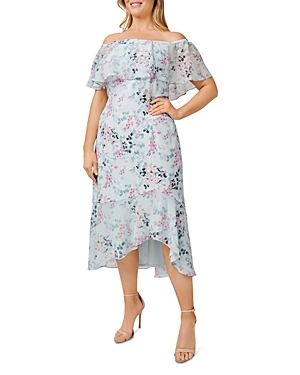 Adrianna Papell Plus Watercolor Floral Off-the-shoulder Dress In Mint Multi