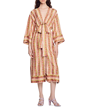 Sandro True Floral Stripe-print Silk Midi Dress In Green / Orange