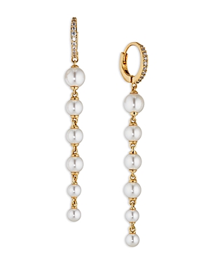 Nadri Nacre Pearl Linear Drop Pave Hoop Earrings In 18k Gold Plated In White/gold
