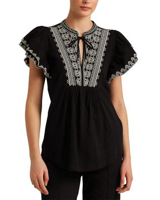 California Dreams Flutter Sleeve Embroidered Detail Top
