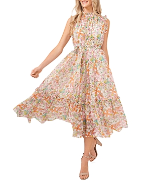 CeCe Floral Print Belted Midi Dress