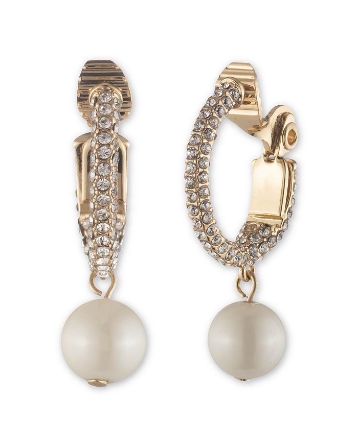 Ralph Lauren Imitation Pearl Charm Pav Clip On Hoop Earrings in