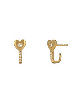 Moon & Meadow - 14K Yellow Gold Diamond Heart Small J Hoop Earrings