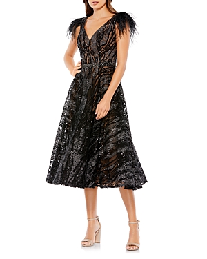Shop Mac Duggal Embellished Feather Sleeve A Line Dress In Black/nude