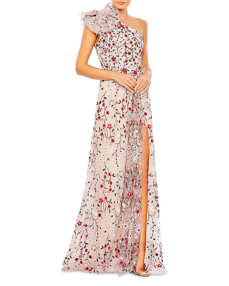 Mac Duggal Embellished Ruffled One Shoulder A Line Gown In Rose Multicolor