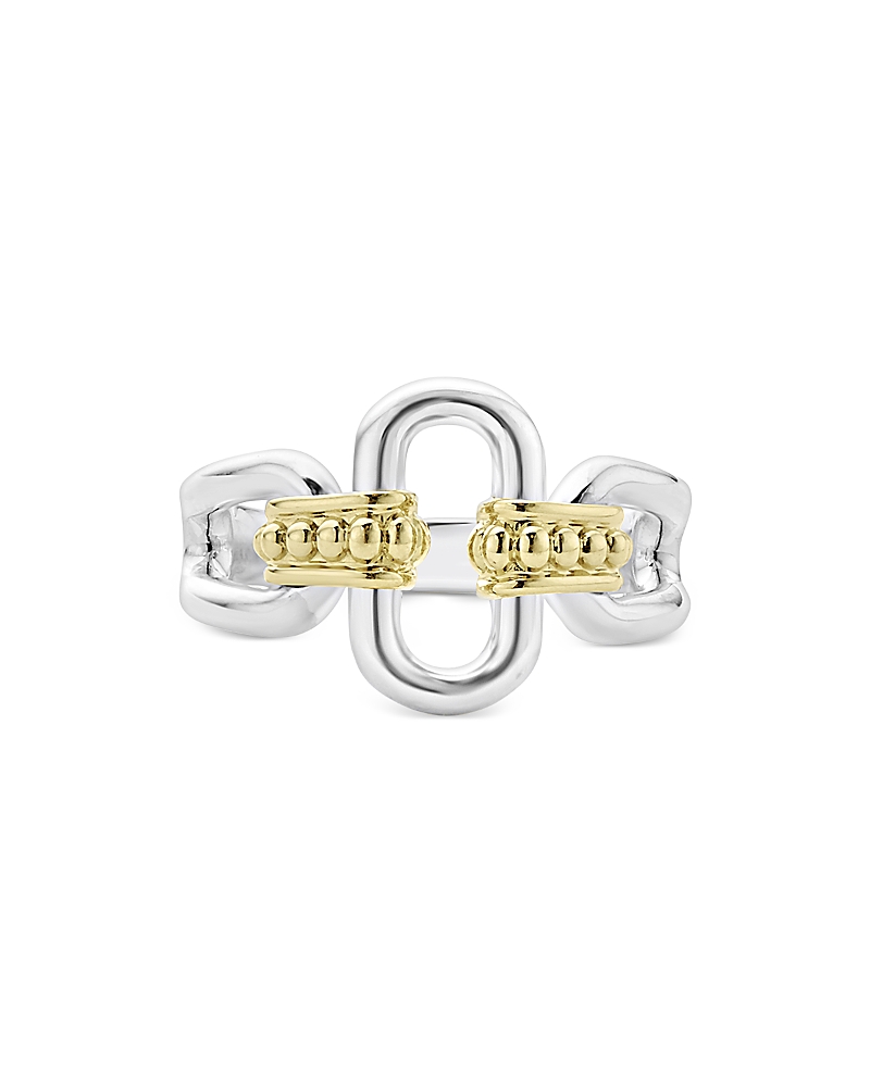 Lagos Sterling Silver And 18k Signature Caviar 13mm Oval Link Ring In Silver/gold