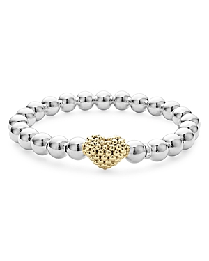 Shop Lagos 18k Yellow & Sterling Silver Signature Caviar Heart Beaded Stretch Bracelet In Silver/gold