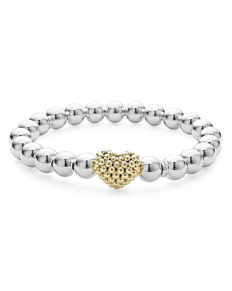 Lagos 18K Yellow & Sterling Silver Signature Caviar Heart Beaded Stretch Bracelet