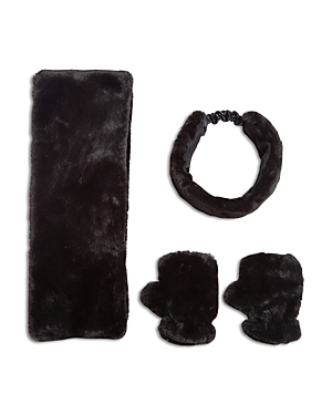 apparis unisex abby black faux fur scarf, headband & fingerless gloves set
