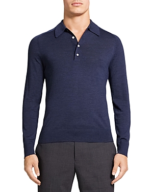 Theory Regal Wool Long Sleeve Polo Shirt In Atlantic Blue