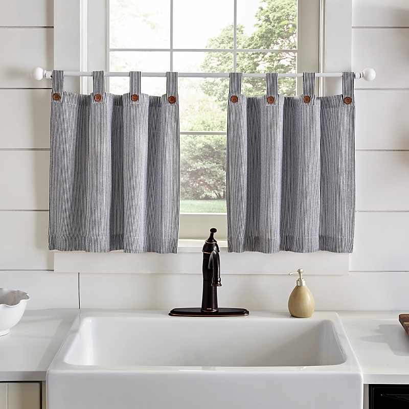 Elrene Home Fashions Tucker Ticking Stripe Window Tier Pair, 24 X 30 In Black