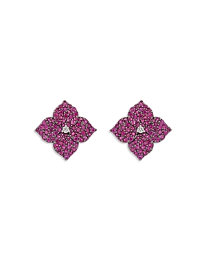 Shop Piranesi 18k Rose Gold Deep Pink Sapphire & Diamond Flower Earrings In Pink/rose Gold