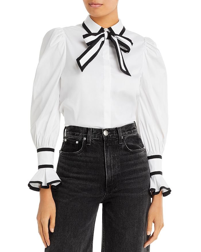 Lipsy Lace Puff Sleeve Blouse with Tie Bow Neck Detail