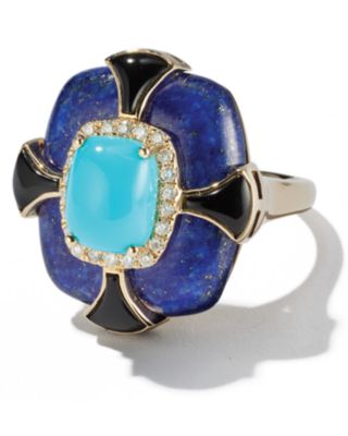 Turquoise, Onyx, Lapis Lazuli &amp; Diamond Statement Ring in 14K Yellow Gold 