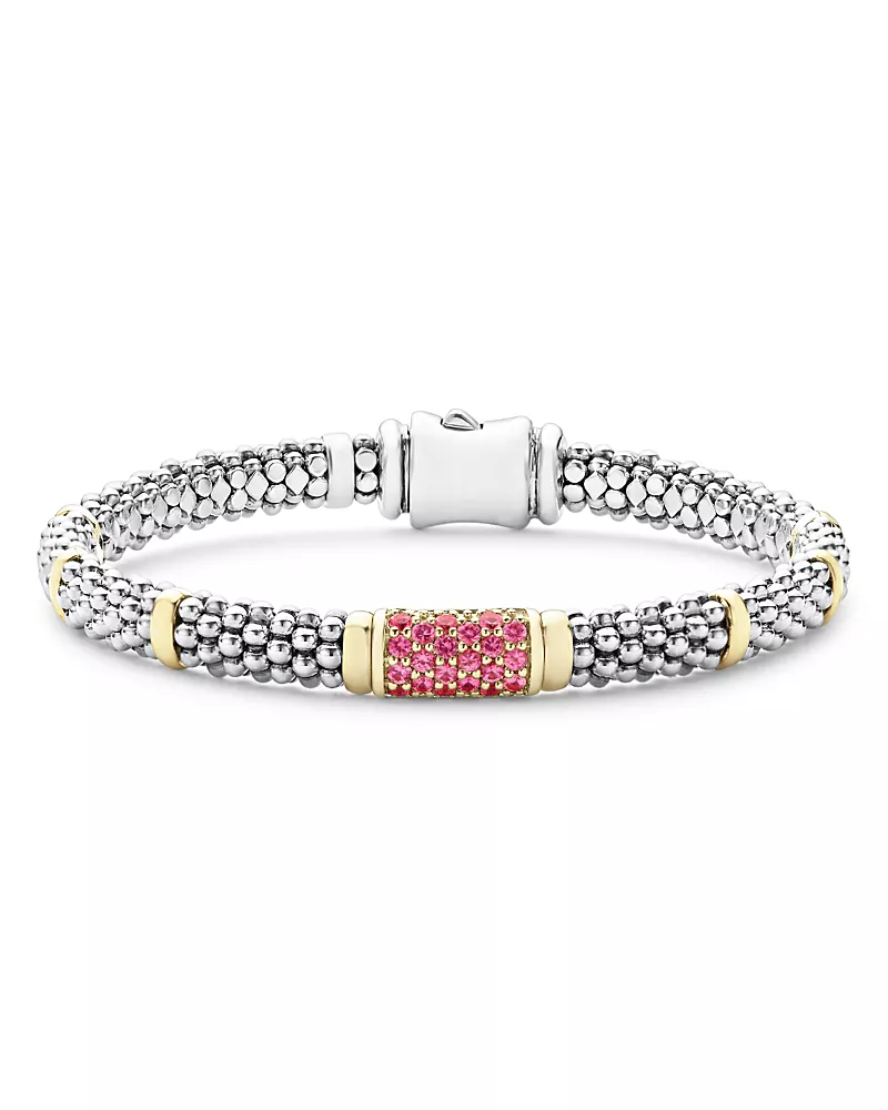 Lagos Sterling Silver & 18K Gold Signature Caviar Pink Sapphire Station Bracelet